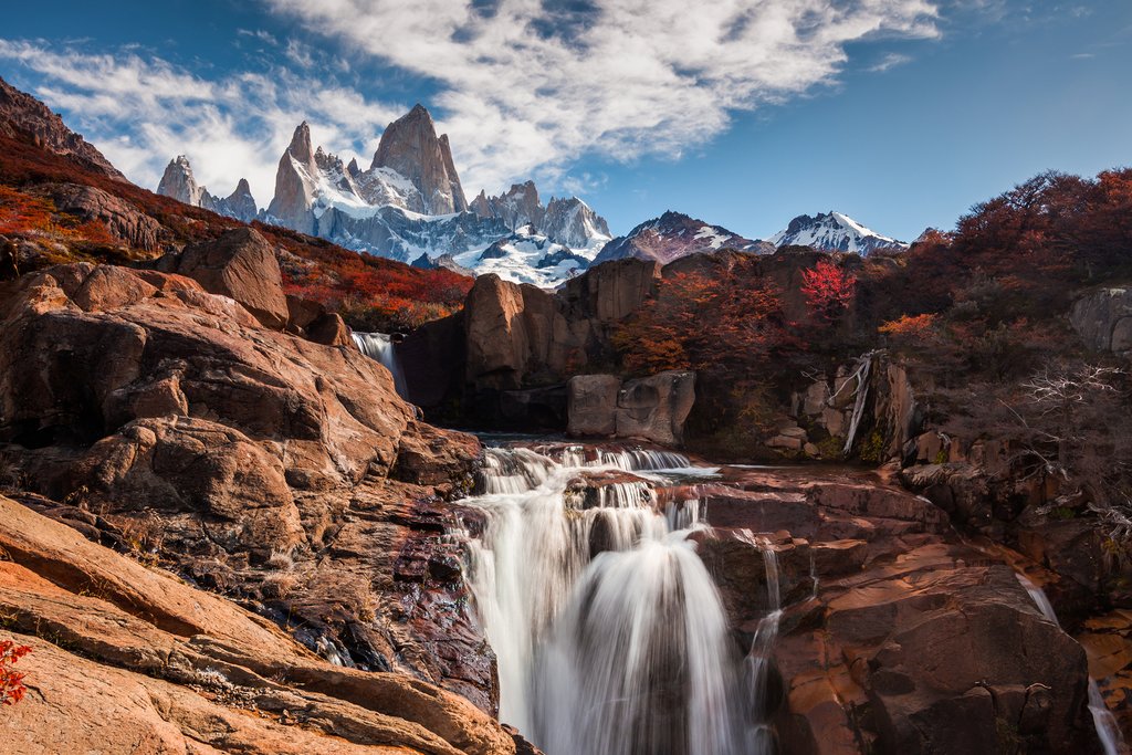 Dramatic peaks and deep blue lake in Patagonia, South America